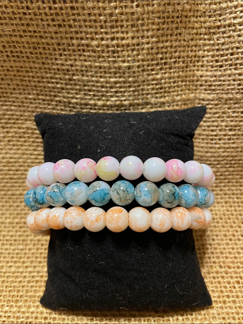 Trio of Textured Beaded Stretch Bracelets - Peach, Teal, Pink
